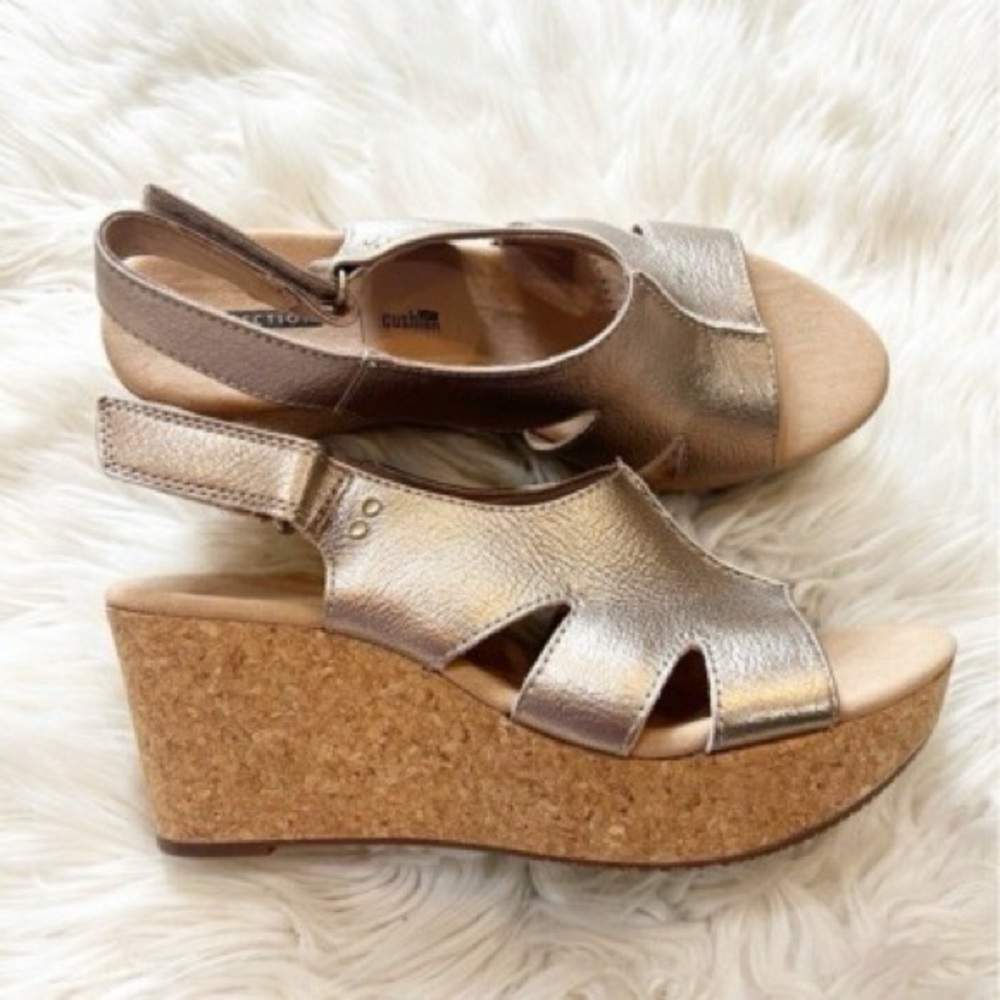 Clarks Gold Wedge Sandals with Metallic Elegance